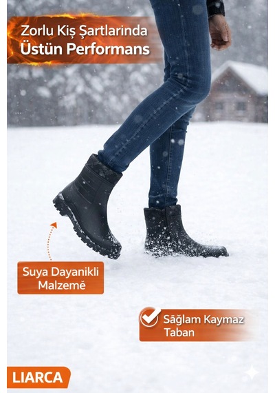 Erkek Kar Botu İçi Yünlü, Fermuarlı, Suya Dayanıklı, Kışlık... Siyah