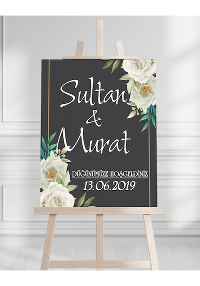 Söz Nişan Düğün İçin 50x70 Karşılama Panosu - Siyah Ve Gold Çiçek Temalı 05 Beyaz