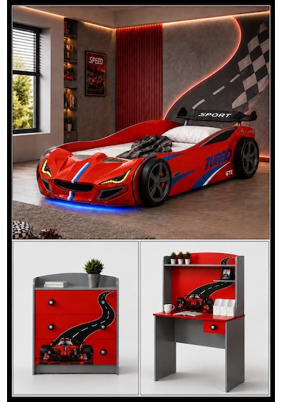 Formula Genç Odası, Turbo Gtı Arabalı Yatak, Masa, Şifonyer - Kırmızı