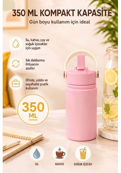 350 Ml Kulplu Pipetli Çelik Termos Bardak Bpa Free, Taşınabilir Mini Termos, Pembe Renk
