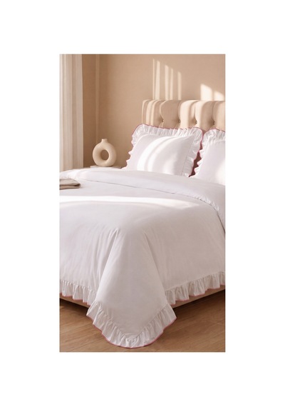 %100 Pamuk Overloklu Fırfırlı Çift Kişilik Nevresim Takımı Lastikli Çarşaflı 200x220 Cm Pembe - 904804703 Pembe