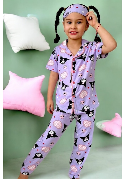 Kız Çocuk Kedi Desenli Lila Mor Renk Kısa Kollu Pijama Takımı Lila