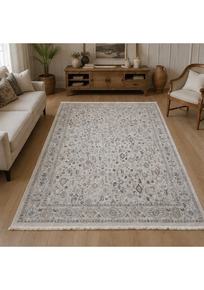 Krem Eskitme Otantik Desenli Saçaklı Polip Tabanlı Modern Halı 200 x 290 CM