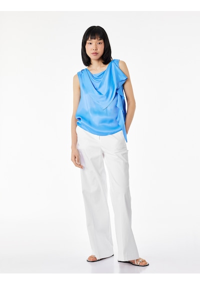 Koton Metal Aksesuarlı Kolsuz U Yaka Dökümlü Viskon Saten Bluz Mavi 6sak60428uw