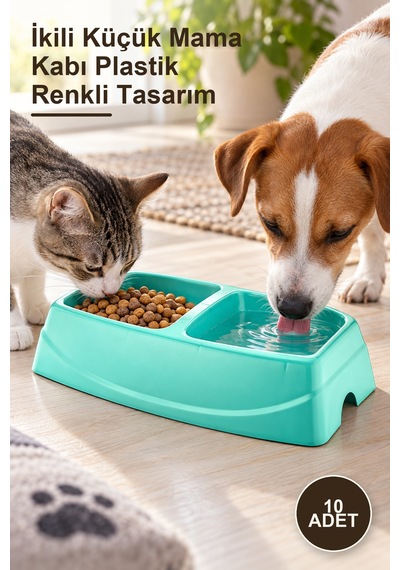 10 Adet İkili Küçük Mama Kabı Plastik Renkli Tasarım