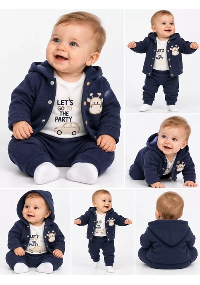 Veraura Lifestyle 0-12 Ay Zürafa Nakışlı Kapşon Hırkalı Kısa Kol Bady Bebek Takımı Lacivert