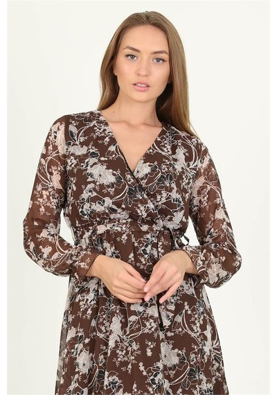 Neşeli Butik Kadın Kahverengi Desenli Midi Boy Şifon Elbise Rssn15 Kahverengi