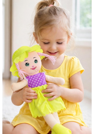 Kız Oyuncak Bebek Elbiseli Oyuncak Bez Bebek 50 Cm Bez Bebek Özel Yapım Premium Açık Sarı Bebek 001