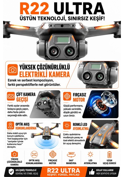 R22 Ultra Drone Katlanabilir Dron 1080p Hd Kamera Fırçasız Motor Renkli Led Işıklı Soğutucu Aydınlatma Optik Akış Koruma Titreşim Önleme Çift Elektirkli Kamera