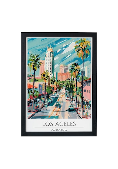 Los Angeles California Travel Poster Ahşap Çerçeveli Dekoratif Duvar Tablosu Siyah