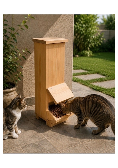 Reyo Narım Kedi Mama İstasyonu Ahşap Su Geçirmez İç Ve Dış Mekan Mama Standı 50x20x20 Cm