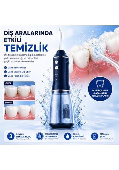 Polham Taşınabilir Şarjlı Ağız Duşu 380 Ml Diş Ve Diş Eti Bakım Cihazı ,1200 Mah, Ipx7 Su Geçirmez, 3 Temizlik Modlu, 4 Başlıklı