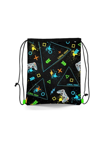 Coral High Kids Siyah Fosforlu Yeşil Gamer Desenli İpli Büzgülü Sırt Çantası 12655
