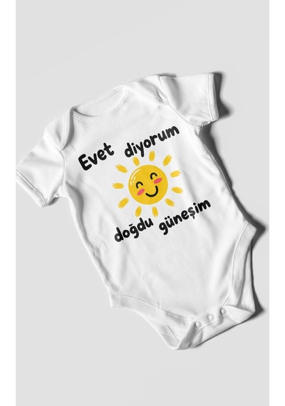 Morivokids Evet Diyorum Doğdu Güneşim Kısa Kollu Bebek Body %100 Pamuk Beyaz