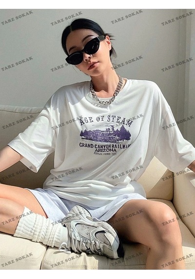 Startmore Ageo Of Steam Baskılı Oversize Kalıp Unisex T-shirt Beyaz