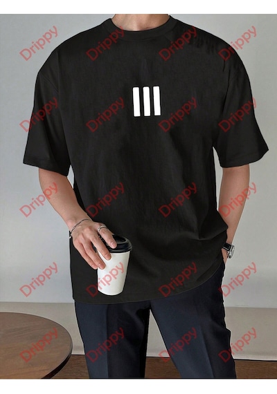 Flood Of Style 3 Çizgi Baskılı Beyaz Erkek Tshirt Siyah