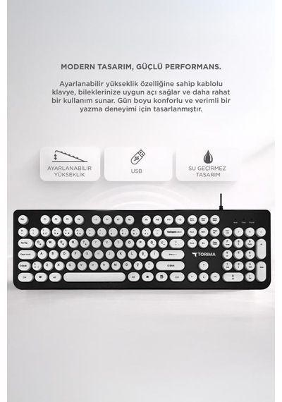 Premium Çalışma Alanı Teknoloji Stil Kablolu Q Klavye Retro Daktilo Tk09 Siyah Beyaz