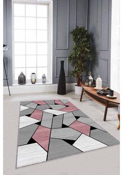 Pembe Geometrik Kaymaz Taban Makinede Yıkanabilir Halı Wl04n11