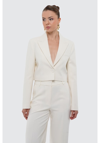 Thalure Kadın Ekru Düğmeli Slim Fit Crop Blazer