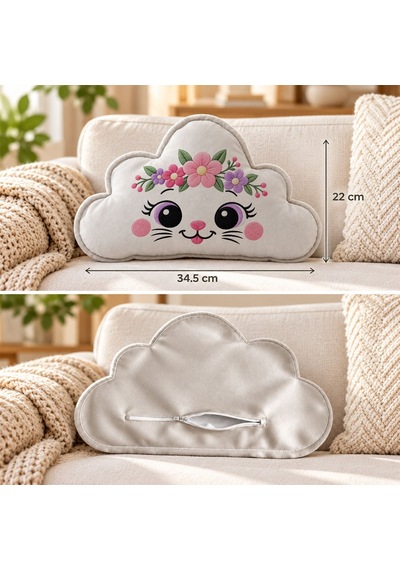 Bk Gift Sevimli Yüz Tasarımlı Gri Bulut Yastık-2 - Bebek Ve Çocuk Odası Dekoratif Yastık 34,5x22 Cm