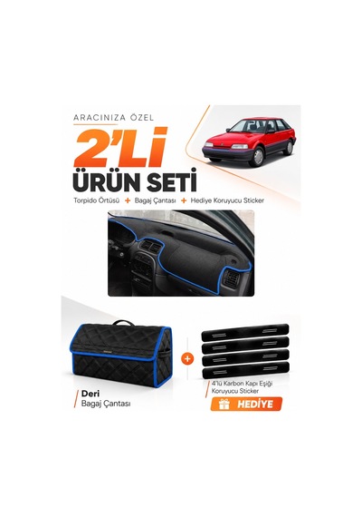 E-biz Rover 214 1989-1999 Uyumlu Torpido Örtüsü + Deri Bagaj Çantası Seti - Siyah-mavi - Ro001