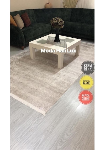 Krem Kaymaz Tabanlı Makinede Yıkanabilir Halı Kilim Yolluk Krem