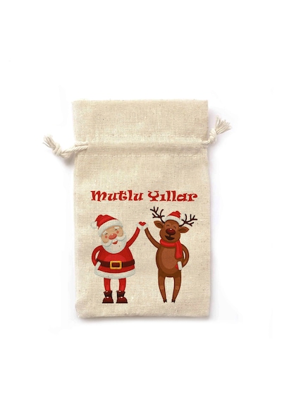 Yılbaşı Temalı 10 Ad Amerikan Bez İpli Hediye Kesesi Noel Baba Ve Geyik Desenli 8,5x12,5 Cm