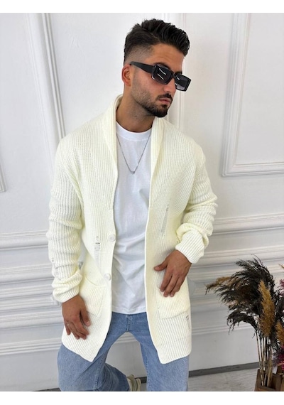 Elku Moda Hırka Örgülü Şal Yaka Cepli Lazer Kesim Yırtık Detaylı Tüylenmez Örgü Triko Hırka Beyaz Elku Moda Hırka Örgülü Şal Yaka Cepli Lazer Kesim Yırtık Detaylı Tüylenmez Örgü Triko Hırka Beyaz