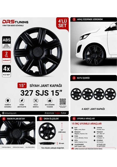 Alfa Romeo Uyumlu 15 Inc Kırılmaz Parlak Siyah Jant Kapağı 1 Takım 4 Adet No:327