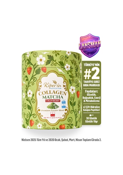 Çift Hidrolize Toz Kolajen Peptitleri 10gr & 2gr Saf Matcha Detox Doğal Çilek Aroması 30 Saşe