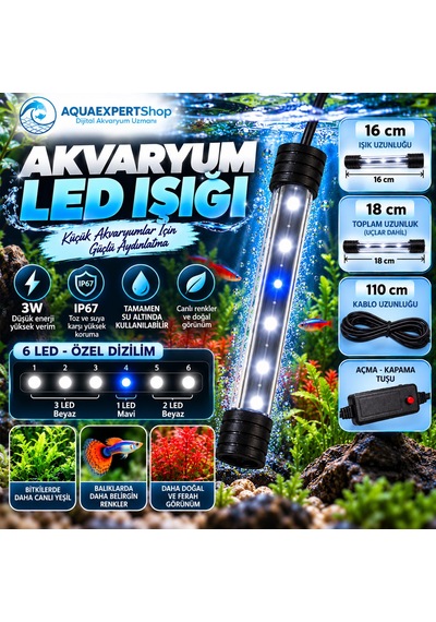 Akvaryum Işığı - Balık Işığı - Tamamen Su İçinde Kullanılabilir - 16 Cm - 6 Led - Mavi Beyaz - Açma Kapatma Tuşlu - 3w - Güçlü Işık