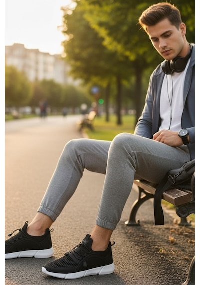 Enoch Erkek Spor Ayakkabı Büzgülü Bağcık Sistemli Sneaker Pratik Giyim Siyah Yürüyüş Modeli Siyah