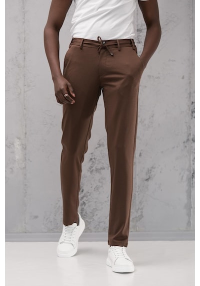 Beli Lastikli Ve İplikli Rayon Kumaş Regular Fit Likralı Jogger Pantolon Kahverengi
