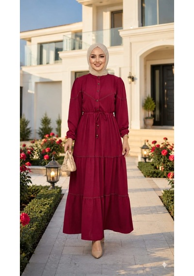 Hb Harma Time Butik Kadın Dantel Detaylı Beli Bağcıklı Ayrobin Bordo Elbise