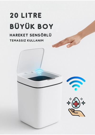 20l Akıllı Sensörlü Çöp Kovası Uv Işık Koku Geçirmez Mutfak Banyo Ofis İçin Beyaz
