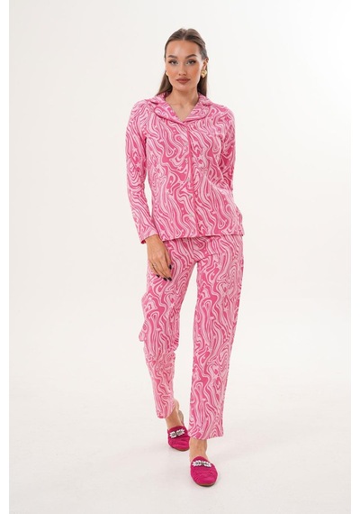 Çift Kaplan Kadın Pamuk Gömlek Yaka Önden Düğmeli Pembe Pijama Takımı 7023 Pembe