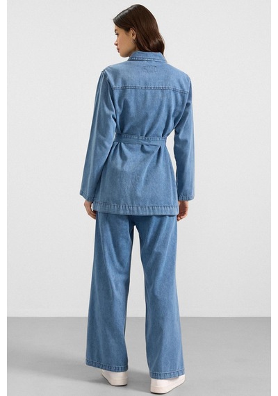 Olcay Pelerin Ve Metal Düğmeli Ceket Pantolon Denim İkili Takım Mavi 9393-tk