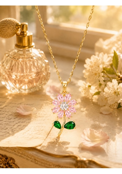 Zirkon Taşlı Pembe Papatya Kolye - Yeşil Yaprak Detaylı Altın Kaplama Açık Pembe
