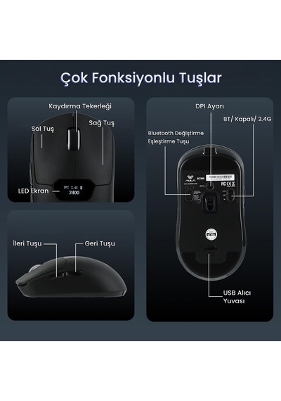 Aula Sc390 Paw3311 Sensör 20000 Dpı 1000hz Kablolu Ve Kablosuz Gaming Oyuncu Mouse Siyah Sc390