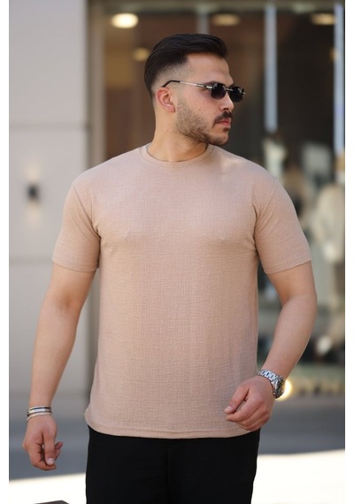 Veraura Lifestyle Erkek Ağaç Kabuğu Desenli Kısa Kollu T-shirt bej