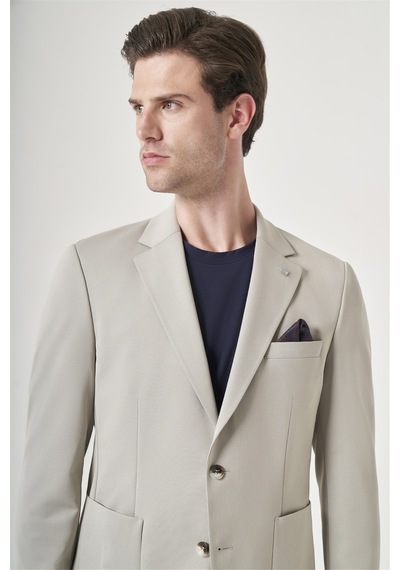İmza Bej Mono Yaka 6 Drop Slim Fit Esnek Beli Lastikli Takım Elbise 1001260165
