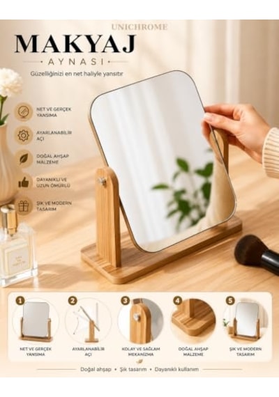Unichrome El Aynası Masa Aynası Makyaj Aynası Ayarlanabilir Makeup Mirror 17x22cm Açık Bej