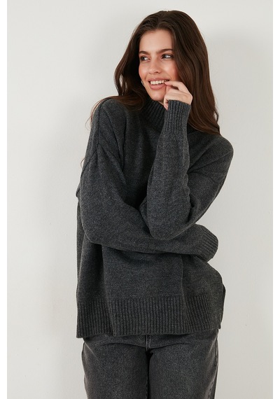 Lela Premium Oversize Fit Balıkçı Yaka Yumuşak Dokulu Triko Bayan Kazak 680Kz00469 Antrasit