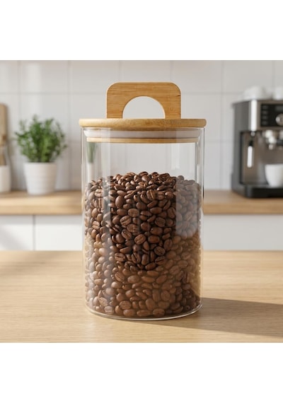 900 Ml Bambu Kapaklı Yuvarlak Cam Kavanoz, 10 Cm Çap 15 Cm Yükseklik, Contalı Kulplu Şeffaf Erzak Ve Kuru Gıda Saklama Kabı, Kahve Çay Şeker Bakliyat İçin Çok Renkli