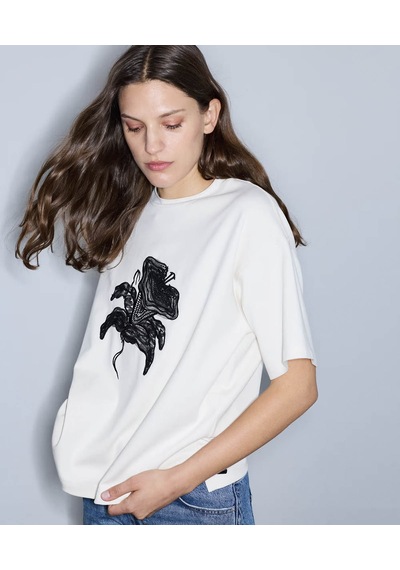 İpekyol Tül Ve Nakış Aplikeli Ekru Kadın T-shirt Iw6260070170