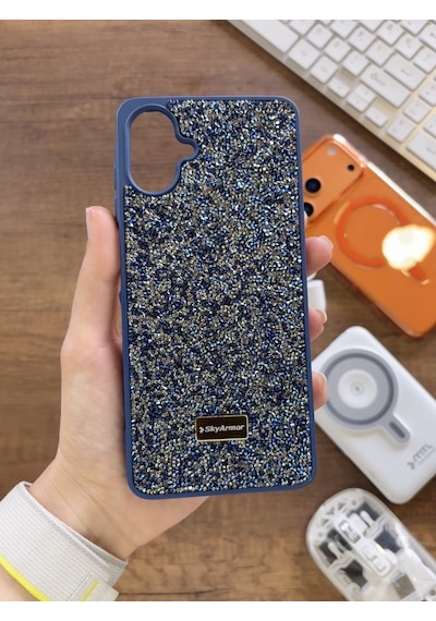 Samsung A07 Uyumlu Kadife İç Yüzey Tasarımlı Taşlı Işıltılı Parlak Pırlanta Kılıf Dia Plus Lacivert