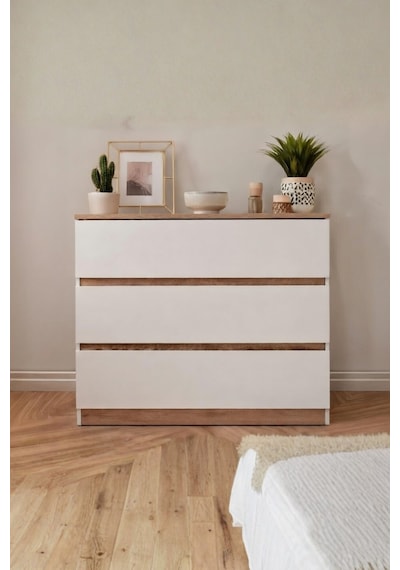 Rudu Asel Şifonyer 89x42x83 CM 3 Çekmeceli 1 Kapaklı Beyaz - Meşe Yatak Odası - Bebek Odası - Genç Odası