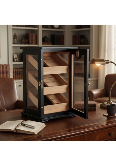 3 Raflı Puro Kutusu Humidor Kabinet Siyah 150's