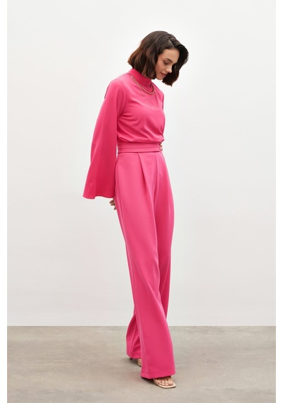Sateen Bel Detaylı Pantolon - Pembe-134553 Pembe