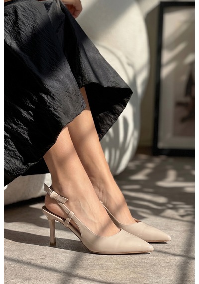Giamgia Store Kadın Bej Stiletto Topuklu Ayakkabı Kurdeleli Bantlı Sivri Burun Abiye-2370